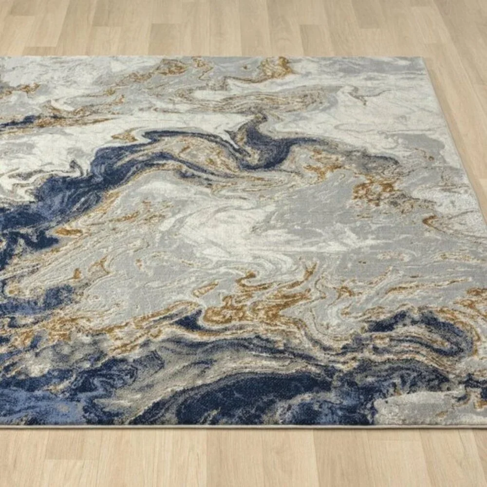 New 6x9 Blue Marble Area Rug, Modern Abstract Swirl Design, Non-Shedding Carpet